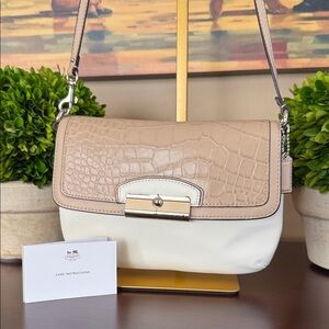 COACH🤍KRISTIN🤍CREAM & TAN WITH CROC-EMBOSSED FLAP SMALL CROOSSBODY BAG🌟EUC🌟